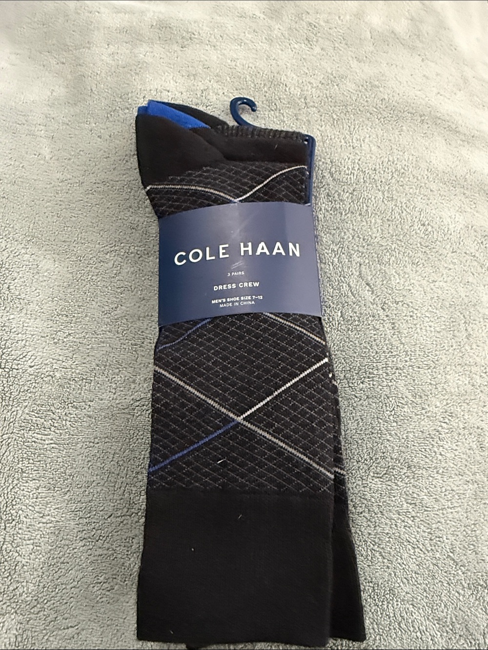 Cole Haan Black Dress Crew Socks with Gray and Blue Argyle